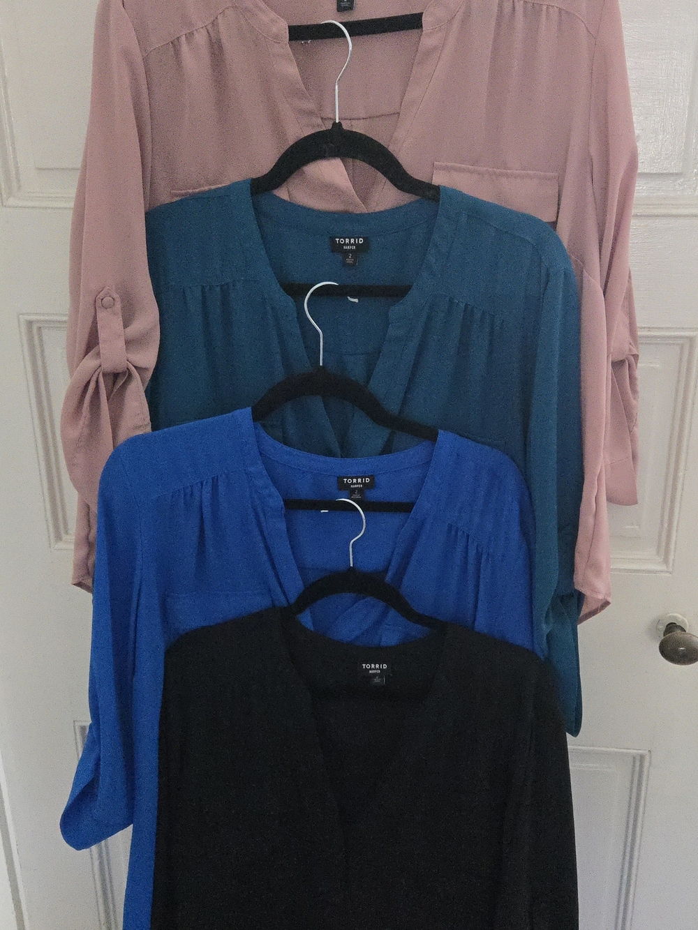 Bundle of 4 Torrid Women's Harper 2x Blouses - Black, Blue, Teal, Dusty Pink